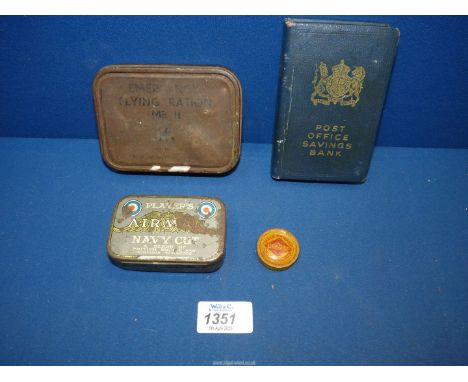 A group of tins to include: Emergency Flying Ration MKII, Players Air Man Navy Cut Tobaccos, a Dunlop self adhesive cycle rep