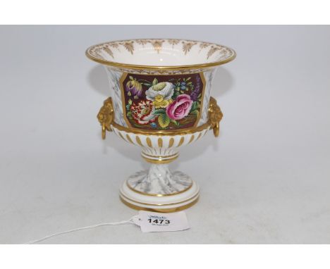 A Royal Worcester pedestal bowl with reserves decorated with summer flowers, 6" tall.
