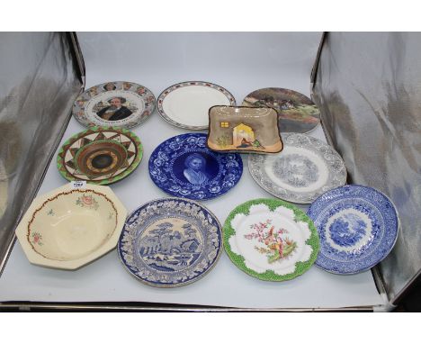 A quantity of plates and dishes including Clarice Cliff, Shorter & sons, old willow pattern, Royal Worcester etc.