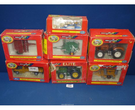 A quantity of boxed Britains model tractors and implements, scale 1:32, to include John Deere 6410 tractor, Round baler, Disc