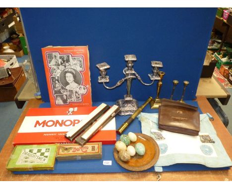 A quantity of miscellanea including Masonic apron and pouch, EPNS candlebrum, onyx eggs, Dominoes etc.