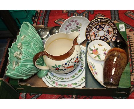 A small quantity of china to include: a Wedgwood & Co jug signed by Hannah Webb, two Worcester herb plates, two Royal Crown D