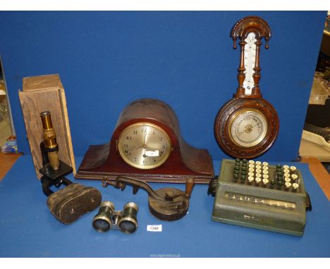 A quantity of miscellanea to include Bell punch mechanical calculator, Spong Bean slicer, mantle clock, cased microscope etc