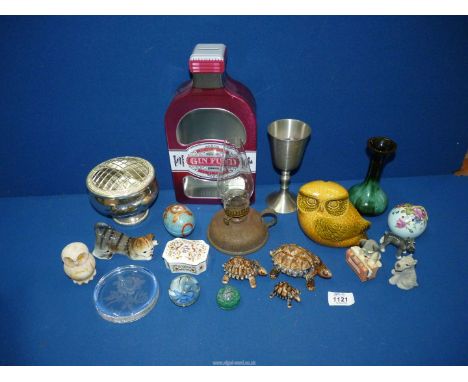 A small quantity of ornaments to include three Wade tortoises, owl money box, Schnauzer dog ornaments, Canadian pottery vase,