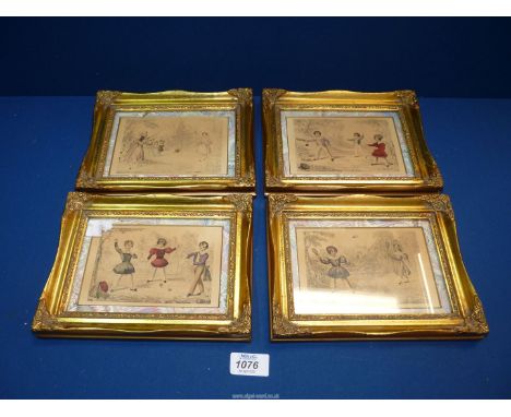 A set of four mid 19th century colour Prints of children playing different games eg. cricket, etc, all framed 6 1/2" x 8 1/2"