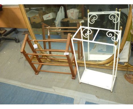 An early 20th century oak shoe rack 18" long, plus a retro white metal two section stick umbrella stand with drip tray 12 lon