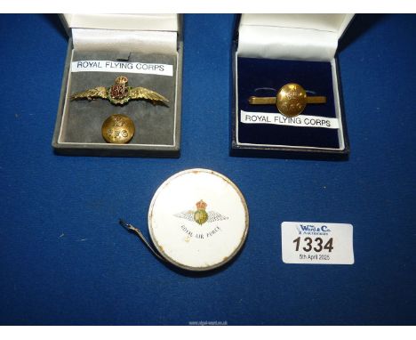 A Royal Flying Corps tie pin from WWI (converted from a brass tunic button), Royal Flying Corps sweetheart brooch, small bras