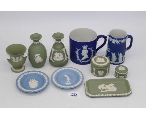 A small quantity of Wedgwood Jasperware to include a Coronation tankard for King Edward VIII 1937, Green Jasperware vases and