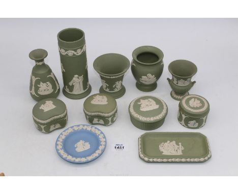 A small quantity of Wedgwood green Jasperware including trinket pots, vases etc., plus one piece in blue.