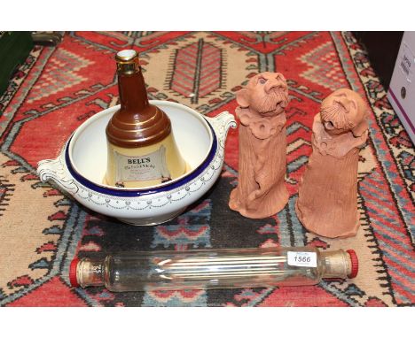 A cream with blue and gold edging, two handled Tureen together with a vintage Pyrex glass rolling pin, Wade 'Bell's, Old Scot