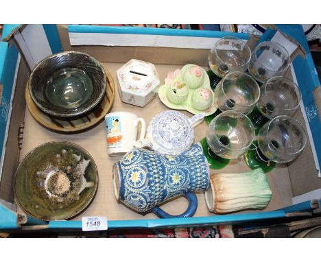 A quantity of china to include Swiss enamelled blue jug, 3 small Michael Buckland Studio Pottery bowls, celery vase, cruet se
