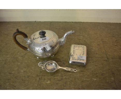 19th Century silver plated on copper teapot, plated tea strainer and a rectangular plated engraved cigar case