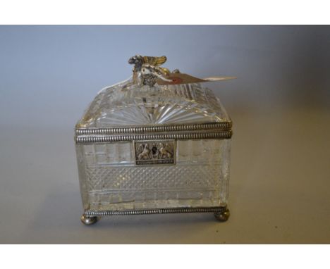 19th Century French heavy cut glass and silver plated dome top casket with gryphon finial (chips to cover) CONDITION REPORT C
