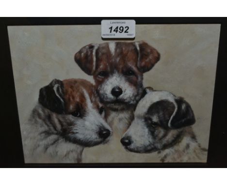 Framed oil on board, portrait of three Jack Russell puppies, 7.5ins x 9.5ins