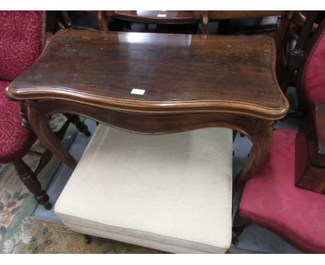 19th Century serpentine fronted rosewood card table with fold-over top and baize lined interior, raised on cabriole supports