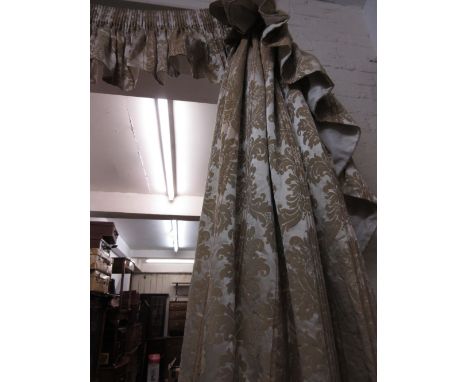 Pair of large cream and gold damask curtains, each approximately 3ft 6ins x 7ft drop, with pelmets