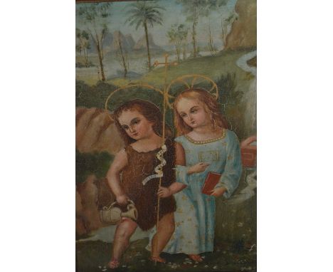 After Pinturicchio, oil on board, portrait of two children in an Eastern landscape, indistinctly monogrammed, 13ins x 9ins
