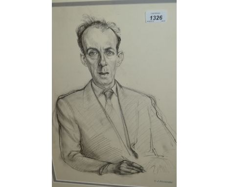 Christopher Alexander, chalk drawing, portrait of Alec Howell, 18ins x 14ins, similar smaller portrait of a portley man, an o