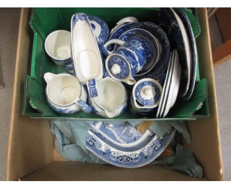 Two boxes containing a collection of various blue and white porcelain including Copeland Spode Italian pattern and others