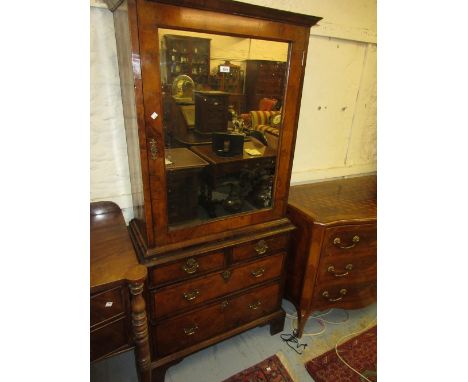 18th Century walnut side cabinet, the moulded cornice above single mirrored door, the base with two short and two long drawer