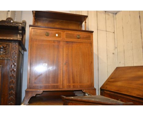 Small reproduction mahogany and satinwood crossbanded side cabinet with a low gallery back above two drawers and two cupboard