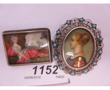Continental rectangular silver (800 mark) brooch inset with a miniature portrait of a reclining lady, signed with initials H.