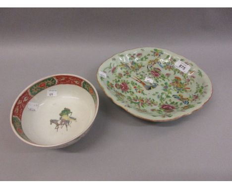 Chinese pedestal bowl, the interior painted with horses, together with a Chinese oval porcelain dish painted with flowers, a 