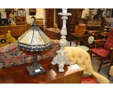 Modern painted and gilt Dutch style table lamp with cream shade and a small bronzed table lamp with Tiffany style shade