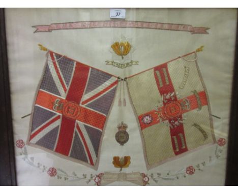 Early 20th Century silkwork regimental coat of arms for the Cheshire Regiment, 20ins x 23ins, oak framed
