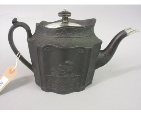 19th Century black basalt teapot, relief moulded with cherubs, a lion and leaves with later white metal cover and spout
