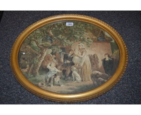 Set of six oval gilt framed coloured prints after George Morland, together with a pair of similar portrait prints