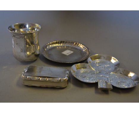 Small Irish silver circular dish, a silver small trefoil dish, a French silver beaker and a rectangular silver snuff box