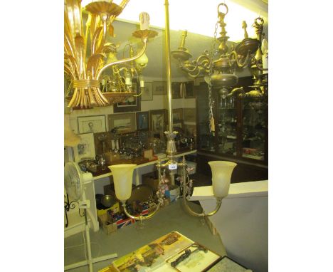 Gilt brass and copper twin branch hanging light with frosted glass shades
