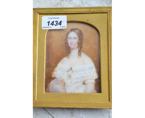 19th Century watercolour portrait miniature of a girl wearing a white lace dress in a gilt brass frame, 4.25ins x 3.25ins