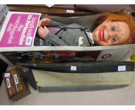 Mr Parlanchin, The Ventriloquist Doll in original box (at fault), together with a model pond yacht hull and an olive wood pla
