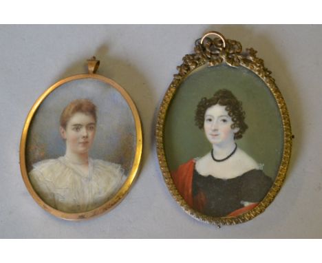 Watercolour portrait miniature of a lady wearing a red shawl and black dress and another of a girl wearing a white lace dress