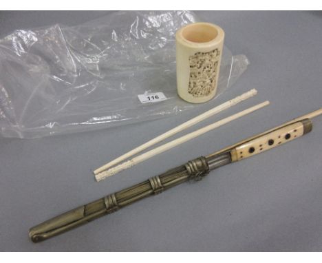 Asian bone handled knife in metal scabbard and a chopstick set, together with two other chopsticks and a 19th Century Chinese