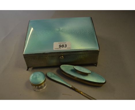 Good quality rectangular silver and translucent enamel dressing table box with three matching manicure items, Birmingham, 192