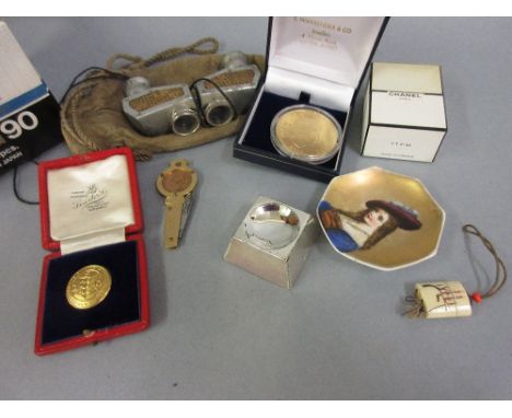 Pair of Theatis opera glasses together with a gilt and enamel crown, bottle of Chanel perfume and other miscellaneous items