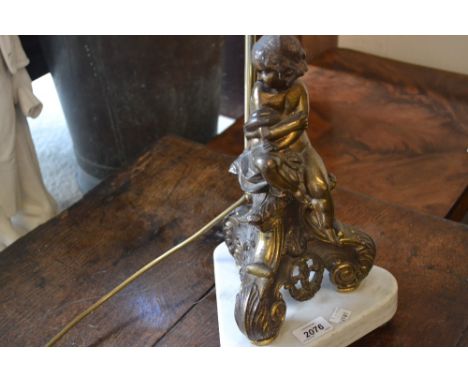 20th Century gilt brass lamp base in the form of a seated girl on a tri form support with marble plinth