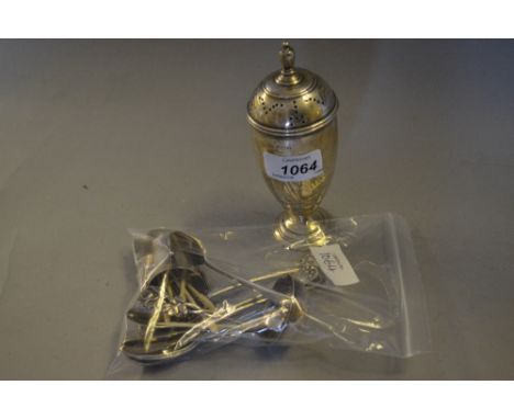 Birmingham silver sugar caster, small Birmingham silver three handled vase, four silver teaspoons, three silver salt spoons a