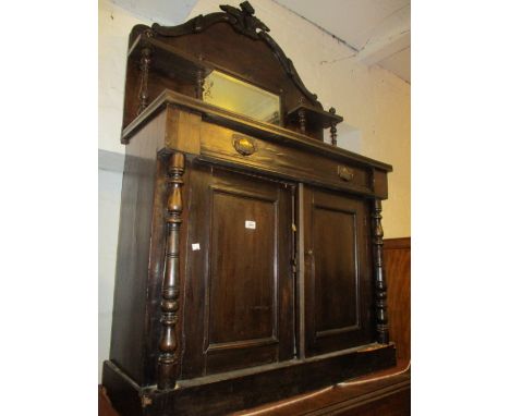 Small Victorian chiffonier with a mirrored shelf back above a single drawer and two cupboard doors together with a small repr