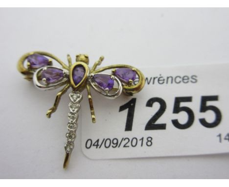 9ct Gold amethyst set brooch in the form of a dragonfly