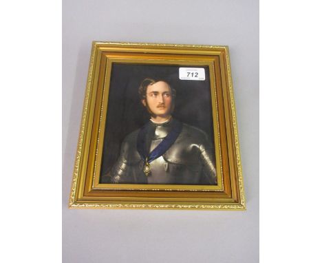 19th Century German porcelain plaque painted with a portrait of Prince Albert wearing armour after Winterhalter, signed Wustl