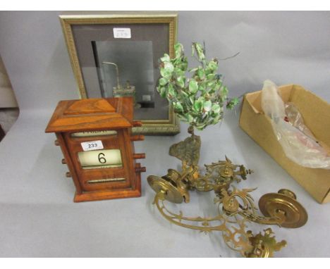 Reproduction oak desk top calendar, pair of 19th Century brass candle arms, hardstone model of a tree on wire and a 20th Cent