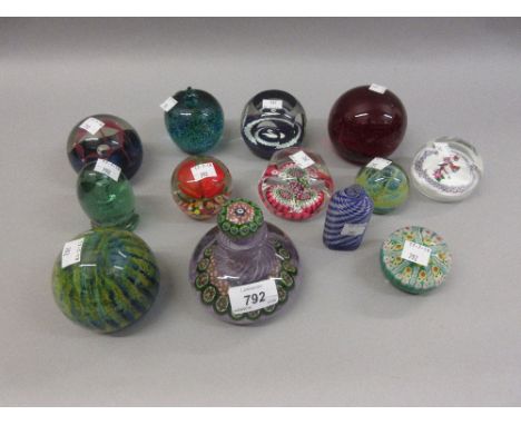 Paul Ysart millefiori glass inkwell (at fault), small antique blue and white Latticino glass perfume bottle (at fault) and a 
