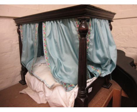 20th Century mahogany doll's four poster bed with drapes CONDITION REPORT 23ins x 18.5ins x 15.5ins