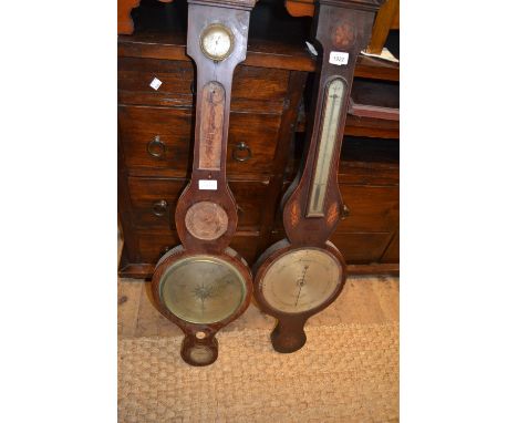 Two George III mahogany wheel barometers (at fault), together with a late Victorian oak aneroid barometer / thermometer (at f
