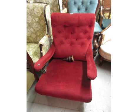 Victorian mahogany red button upholstered library chair on turned front supports (at fault)