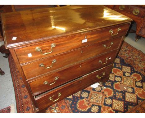 George III mahogany dwarf chest, the moulded top above four graduated drawers with brass swan neck handles and bracket feet